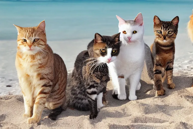 Prompt: cats at the beach and all of the cats are looking directly into the focal point of the camera