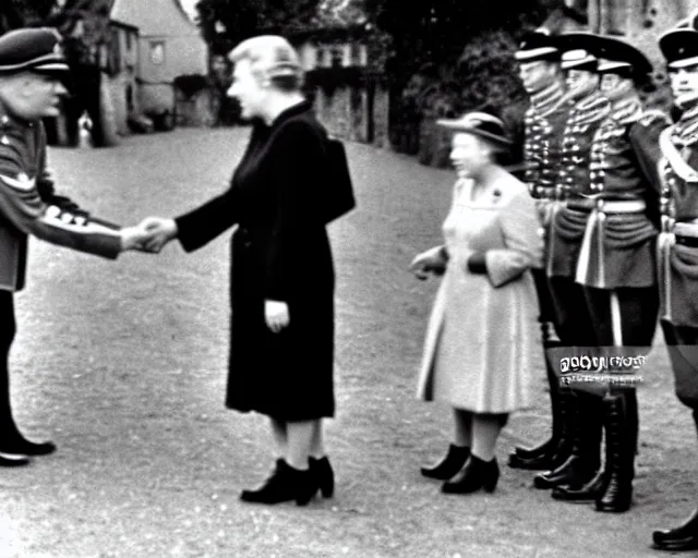 Image similar to ultra wide 1 9 4 6 blurry historical photo of a single german general shaking hands with a young queen elizabeth in a french village, her corgis are nearby highly detailed, sharp focus