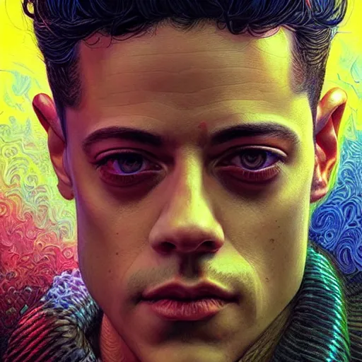 Image similar to portrait of rami malek, hyper detailed masterpiece, neon floral pattern, jean giraud, digital art painting, darkwave goth aesthetic, psychedelic, artgerm, donato giancola and tom bagshaw