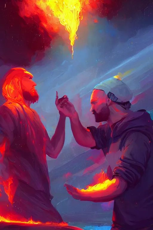 Image similar to the god prometheus handing a man a computer on fire, the fire is made of binary code, digital painting bioluminance alena aenami artworks in 4 k design by lois van baarle by sung choi by john kirby artgerm style pascal blanche and magali villeneuve