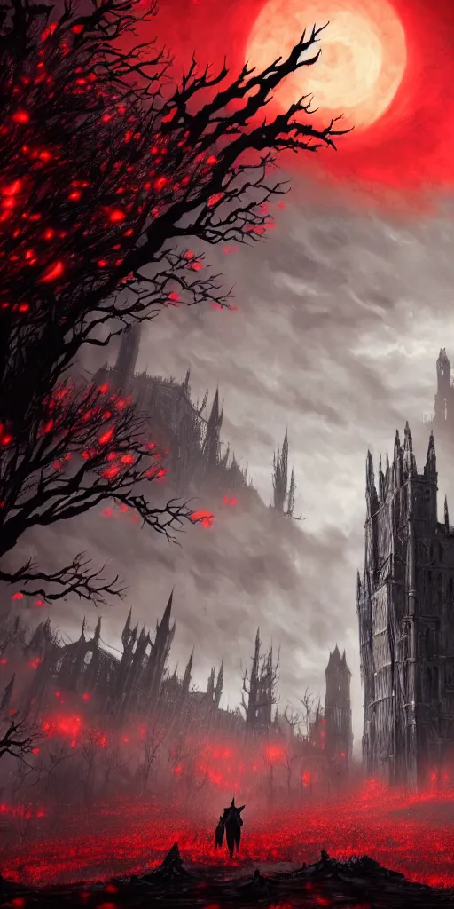 Image similar to populated bloodborne old valley with a dark person at the centre and a ruined gothic city in the background, trees and stars in the background, falling red petals, epic red - orange moonlight, perfect lightning, wallpaper illustration by niko delort and kentaro miura, 4 k, ultra realistic