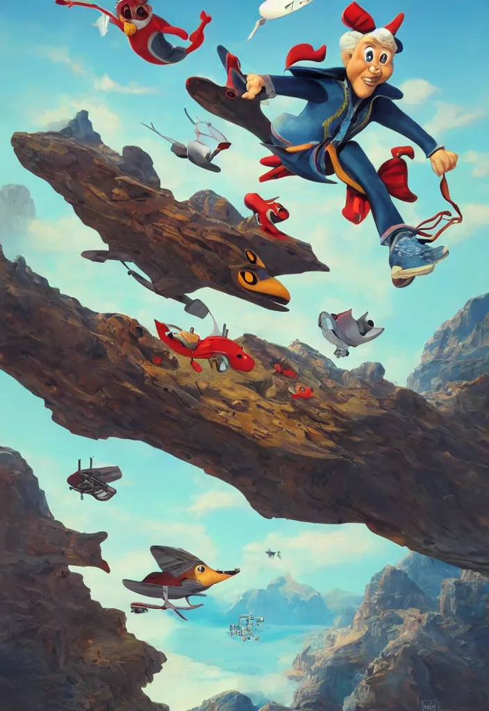 Prompt: cartoon character flying through the air, concept art by edward george handel lucas, featured on deviantart, pop surrealism, reimagined by industrial light and magic, official art on the cover of rolling stone magazine | magazine illustration | concept art | cgsociety, trending on artstation | octane, unreal engine :. 4 |