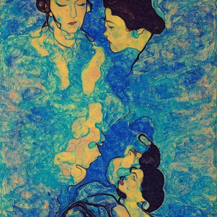 Prompt: close portrait of woman and man kissing. aurora borealis. iridescent, psychedelic lapis - lazuli, turquoise colors. painting by egon schiele, agnes pelton, utamaro, monet