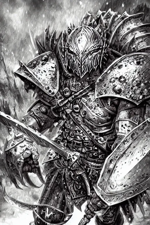 Image similar to chaos warrior, fantasy, warhammer, highly detailed, digital art, sharp focus, trending on art station, kentaro miura manga art style