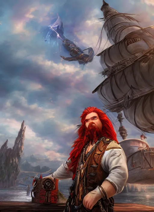 Image similar to an epic fantasy comic book style portrait painting of a long haired, red headed male sky - pirate in front of an airship in the style of disney, unreal 5, daz, hyperrealistic, octane render, cosplay, rpg portrait, dynamic lighting