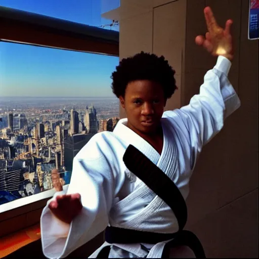 Image similar to “ corey in the house doing karate at the top of the world trade center ”