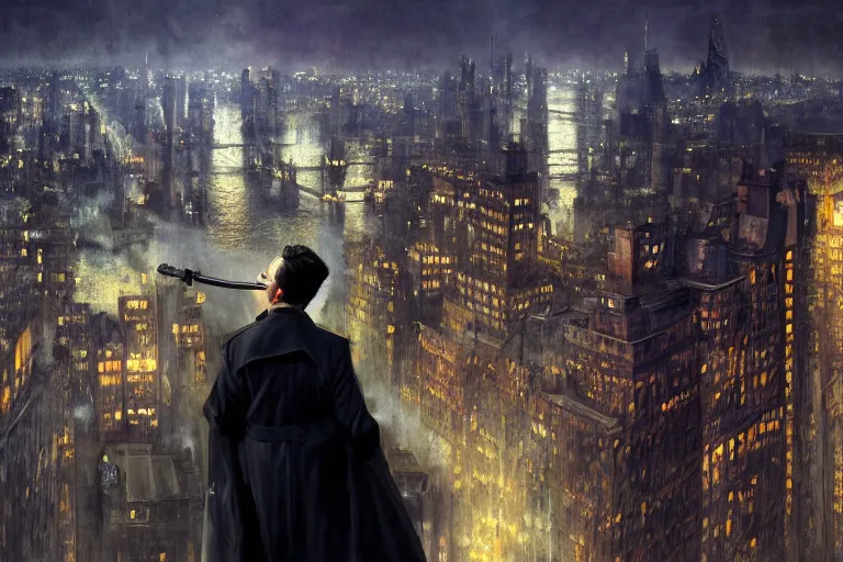Image similar to detective wearing a trench coat in profile smoking a sherlock holmes pipe on a perch facing the city at night, smooth, focus, highly detailed, hyper realistic, dramatic lighting, intricate, concept art, new york skyline, looking down, art by wlop, greg rutowski, artstation