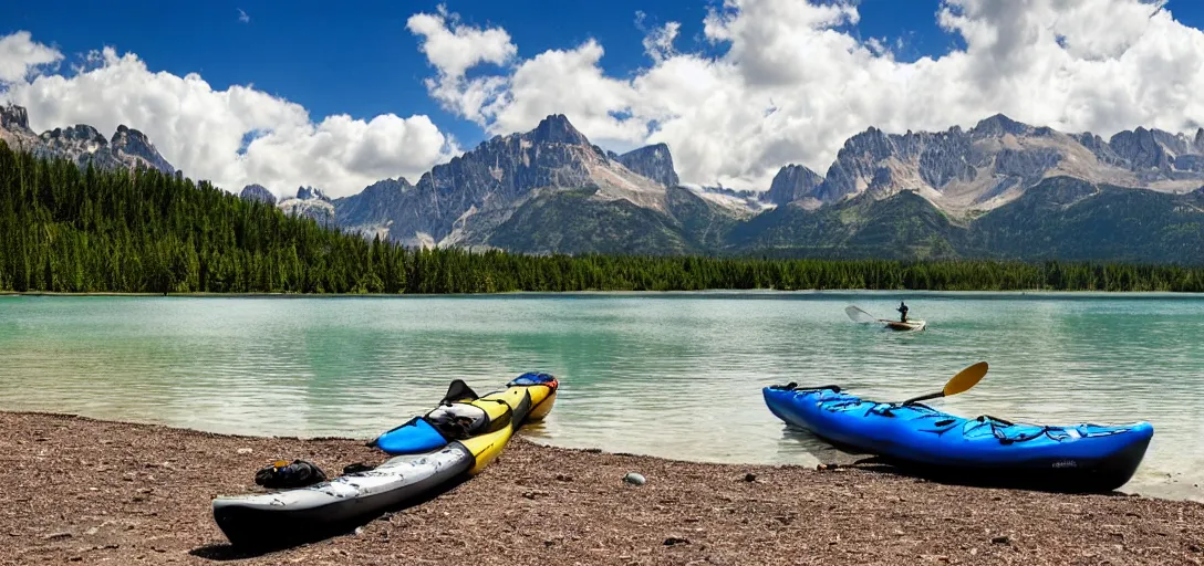 Image similar to a beautiful image of a breathtaking lake with amazing mountains in the background, there is a kayak in the foreground on the beach. landscape image