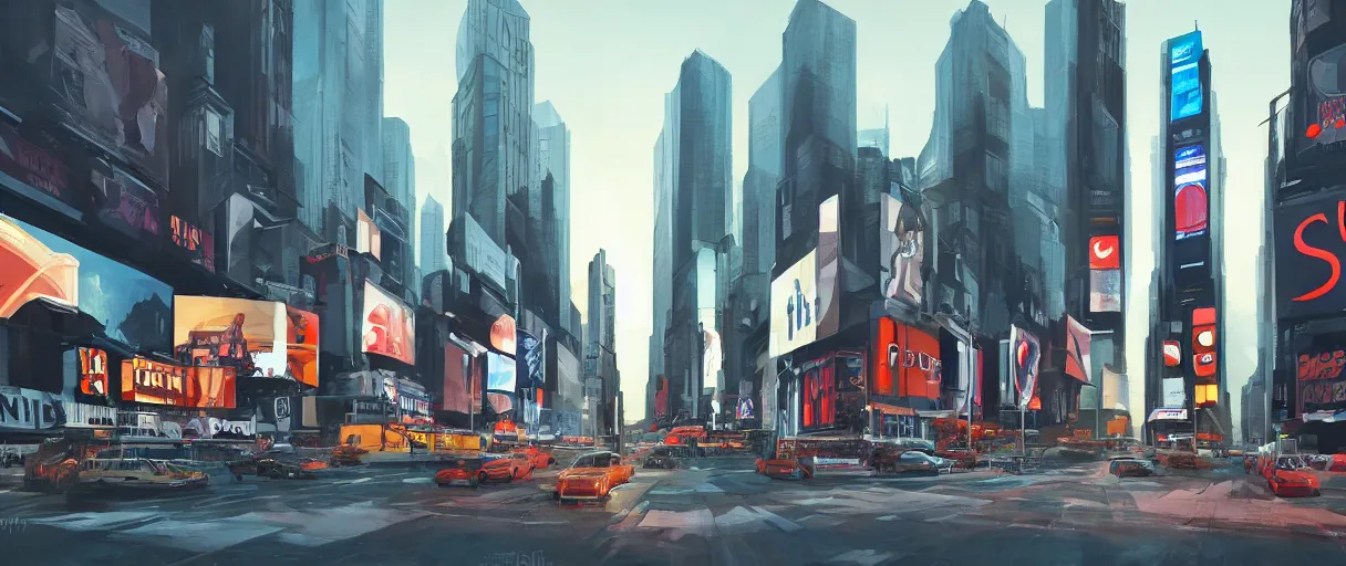 Prompt: huge modern downtown city, billboards, advertisements, Times Square, small buildings, dark, concept art, digital painting, style of Ralph Mcquarrie, warm lighting, futuristic, volumetric lighting, street view, daytime, godrays , high detail