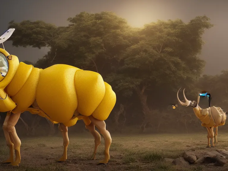 Image similar to The boomalope is a llama that grows large yellow translucent leather bags or bubbles of volatile chemicals on its back, developed by geneticists to produce chemicals. Concept art, octane render, extremely high detailed, details, hyperrealism, cinematic, 8k, depth of field