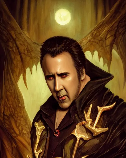 Prompt: nicolas cage as dracula, bat wings, highly detailed, centered, artstation, concept art, smooth, sharp focus, illustration, bokeh art by artgerm and donato giancola and joseph christian leyendecker
