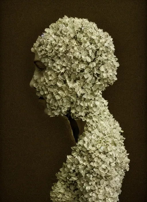 Image similar to a woman's face in profile, made of trailing hydrangea, in the style of the dutch masters and gregory crewdson, dark and moody