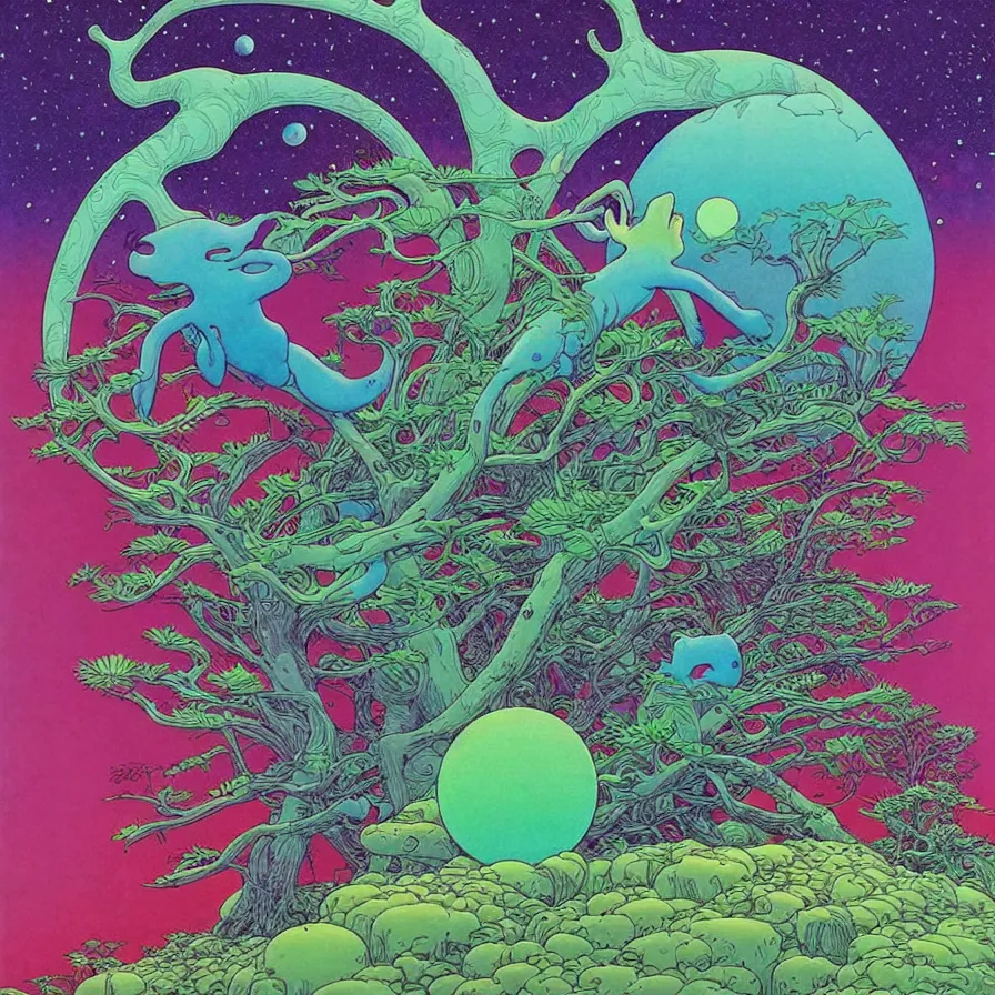 Image similar to ( ( ( ( ( forest and cute creatures on a mysterious planet ) ) ) ) ) by mœbius!!!!!!!!!!!!!!!!!!!!!!!!!!!, overdetailed art, colorful, record jacket