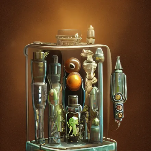 Prompt: Long shot of An alien universe inside ampoules and alambics in a surreal ancient doctor's bag, trending on artstation