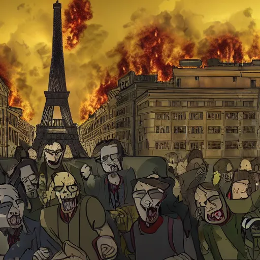 Image similar to A Guy standing a top of Eiffel tower, Zombie apocalypse, Zombie everywhere, Fire everywhere, Building destroyed, People screaming, Horde of zombies, digital art, anime style,