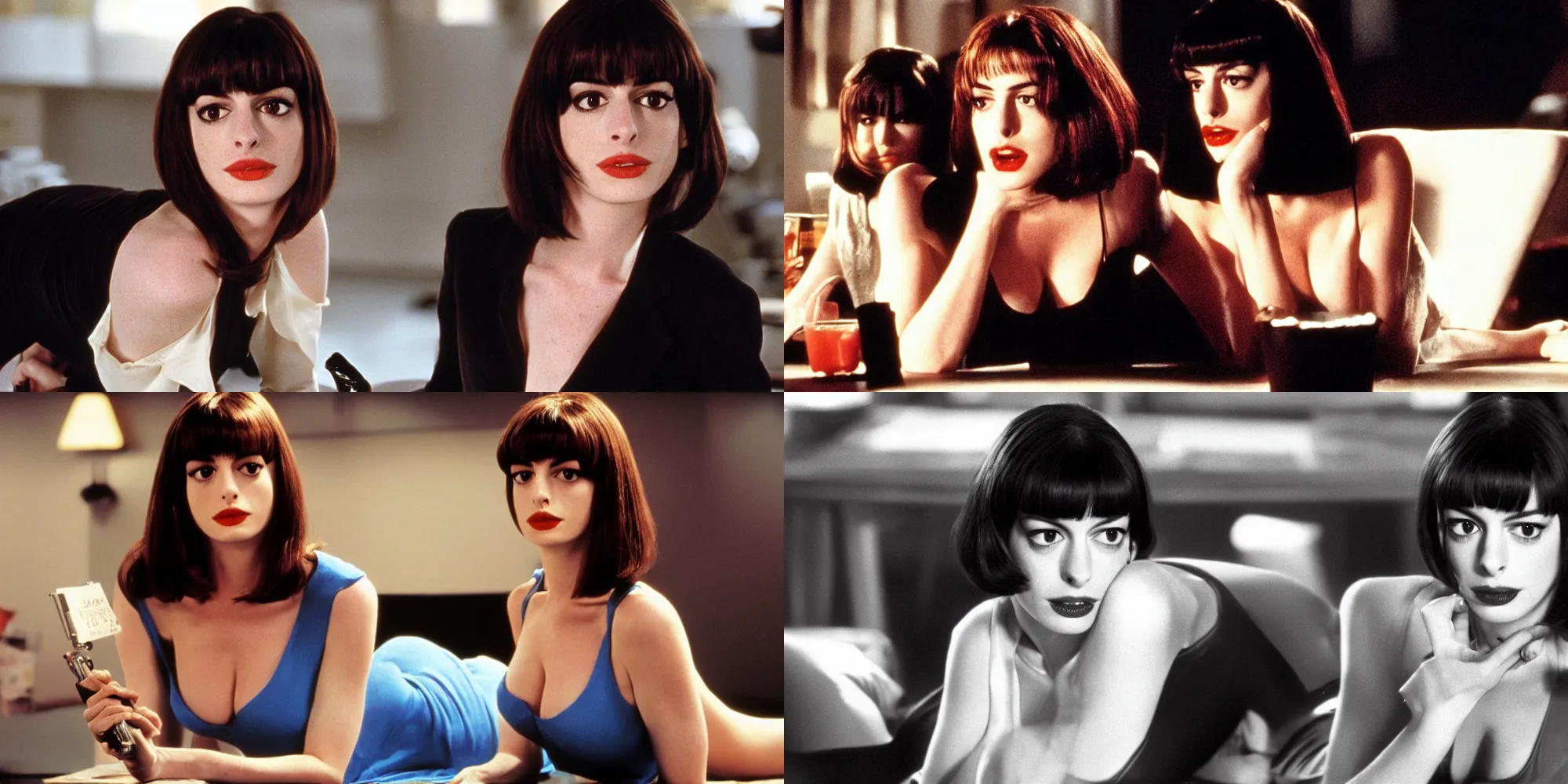 Prompt: Anne Hathaway in Pulp Fiction, film footage