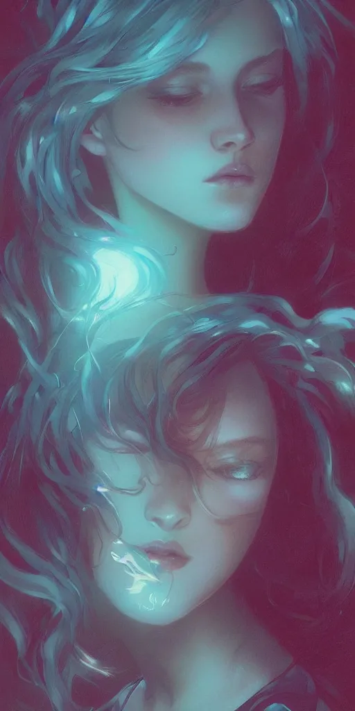 Image similar to haunting beautiful young woman, detailed photo realistic gorgeous face turning waves, dark, ominous, sad eyes, glowing hue of teal, vaporwave aesthetic, synthwave , digital painting, artstation, concept art, smooth, sharp focus, illustration, art by artgerm and greg rutkowski and alphonse mucha