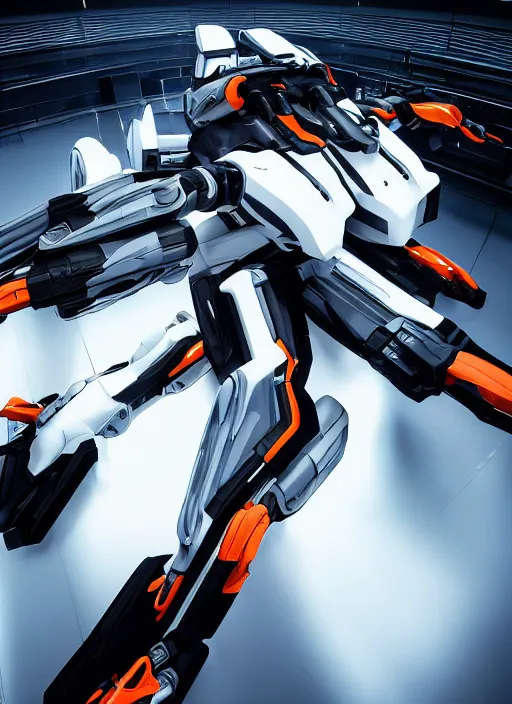 Image similar to a Photorealistic dramatic hyperrealistic full frame render of a Sleek futuristic exosuit Freedom Formula Racing Mech,Ultra realistic details,glossy white metal,Orange racing stripes,weathered surfaces,by Hidetaka Tenjin,Yoh Yoshinori,Yoji Shinkawa,Masamune Shirow,Beautiful dramatic dark moody tones and lighting,cinematic atmosphere,studio lighting,shadows,dark background, Octane render,8K