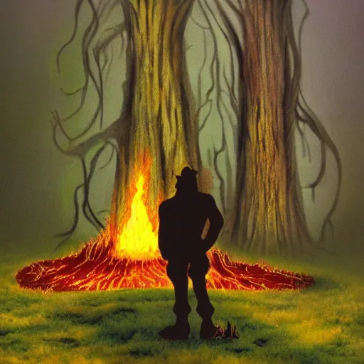 Image similar to shrek next to an oak tree aflame, still, fog in background, dantes inferno, evil album cover