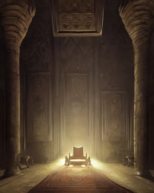 Image similar to middle ages throne room, empty, dim light | | realistic shaded, fine details, realistic shaded lighting poster by greg rutkowski, diego gisbert llorens, magali villeneuve, artgerm, jeremy lipkin and rob rey