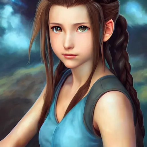 Image similar to portrait of aerith!!!!!!!!! from final fantasy vii, matte painting, ultra realistic, highly detailed, sharp focus, cinematic lighting, mood lighting, realistic, vivid colors, painting, photorealistic, digital art, non blurry, sharp, smooth, illustration