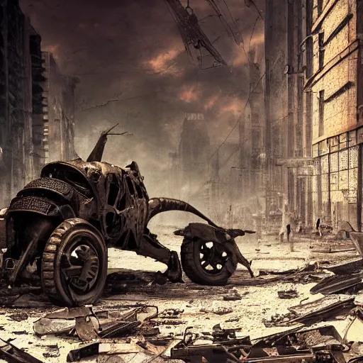 Image similar to giant dieselpunk ant in a destroyed city, 8 k, moody lighting, shallow depth of field,