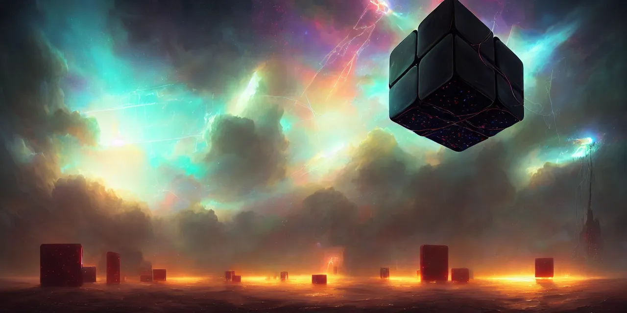 Image similar to a fleet of giant glowing futuristic cubes tied to each other with huge thick messy wires in the sky, a fantasy magical landscape seen in the distance, atmospheric lighting, intricate, volumetric lighting, beautiful, sharp focus, ultra detailed, in the art style of marc simonetti, bowater charlie and brom gerald, astrophotography