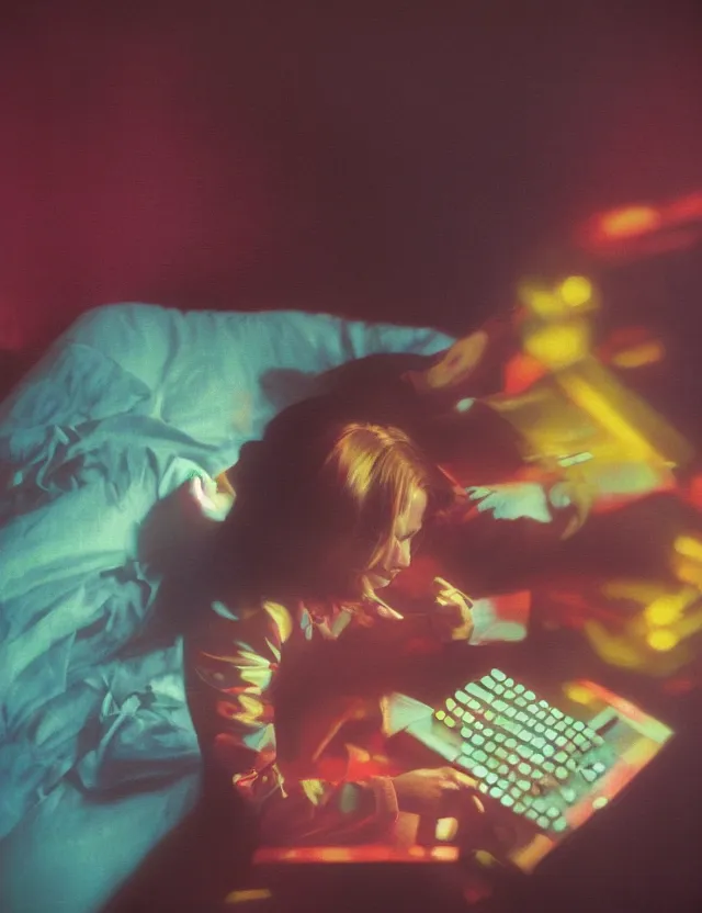 Image similar to woman in pajama playing computer games in dark room, redshift, wide shot, coloured polaroid photograph with flash, pastel, kodak film, hyper real, stunning moody cinematography, by maripol, fallen angels by wong kar - wai, style of suspiria and neon demon and bahnhof zoo, david hockney, detailed, oil on canvas