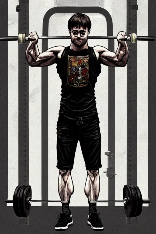 Image similar to highly detailed rendering of Daniel Radcliffe as Harry Potter doing barbell back squats, dingy workout gym, wearing a muscle tee shirt, muscular deep squats, symmetrical, highly detailed, digital painting, artstation, concept art, smooth, sharp focus, illustration, cinematic lighting, art by artgerm and greg rutkowski and alphonse mucha