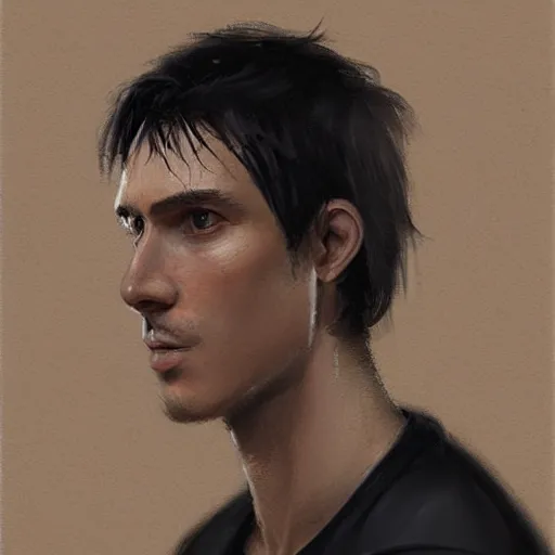 Image similar to portrait of a man by greg rutkowski, he is about 3 0 years old, short black hair with bangs, his features are a mix between french, turkish and russian, very tall and slender, he is wearing a beige and black utility jumpsuit, highly detailed portrait, digital painting, artstation, concept art, smooth, sharp foccus ilustration, artstation hq