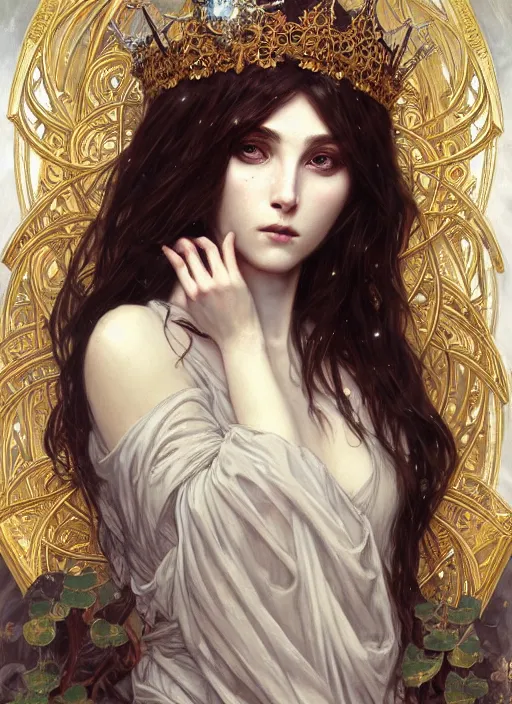 Image similar to beautiful pale gothic maiden with crown of thorns, intricate, elegant, highly detailed, digital painting, artstation, concept art, smooth, sharp focus, illustration, art by artgerm and greg rutkowski and alphonse mucha and Gustav Klimt