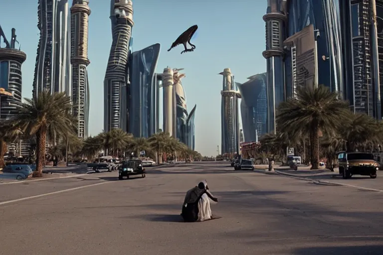 Prompt: cinematography dinosaurs in the streets of Abu Dhabi by Emmanuel Lubezki