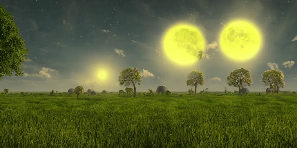 Prompt: digital art, trending on artstation, the sky of an alternate earth with 3 suns and a moon, with a large green meadow, baobab trees and uninhabited alien houses.