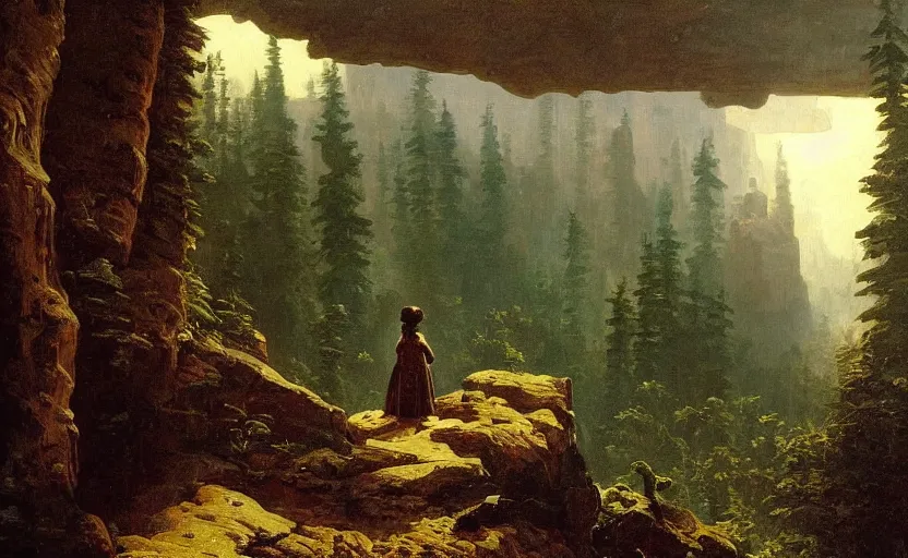 Image similar to a painting of a woman!! explorer overlooking a canyon!! in the north of quebec, in a forest!! with a map in her hands!!! style of Albert Bierstadt, high details, moody lighting, atmospheric