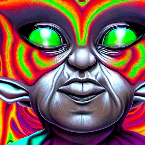 Image similar to portrait ultra dimensional baby yoda tripping on dmt, psychedelic experience, overwhelming self realization and awakening, ultra high definition, unreal engine 5, hyperrealism, masterpiece composition, surrealism by alex grey, salvador dali 8 k photorealistic