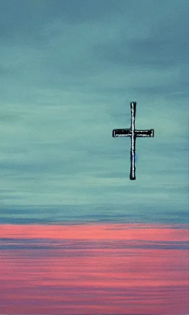 Prompt: upside - down cross rising out of a calm and serene!! ocean, album cover, relaxing tones, muted tones, expressionist, minimalist,