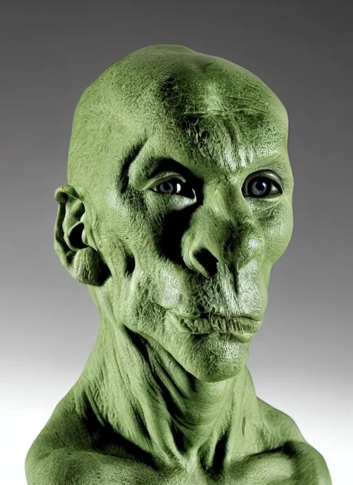 Image similar to a bust sculpture of anatomical detailed neandertal, green blod, become feline, ceramic base, front view, studio lighting