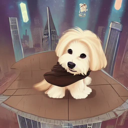 Image similar to cream colored havanese dog dressed as a super hero, looking over a futuristic city, wide shot, highly coherent, saga comic, graphic novel, fiona staples