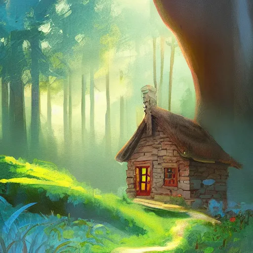 Image similar to a disney background art painting, an old cottage in a beautiful forest, soft light, disney concept art, the art of pixar,