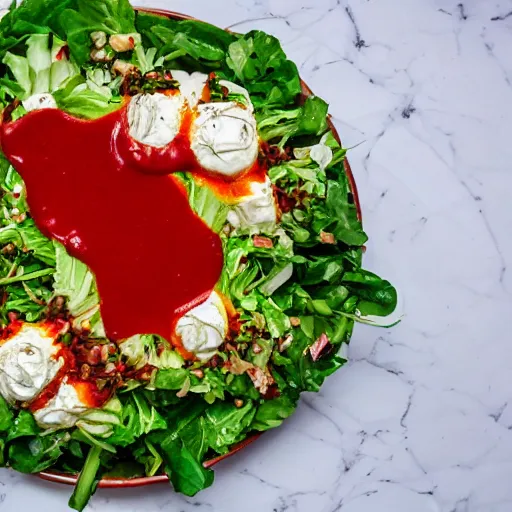 Prompt: a giant salad that is the size of a building, with mozzarella and a lot of sauce, small people around, culinary art photography, award winning photography