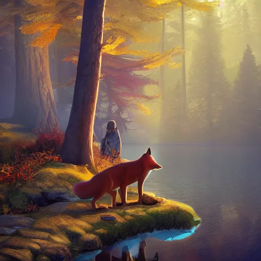 Image similar to brother grimms fairytale lakehouse fox digital art, irina french, heraldo ortega, mandy jurgens trending on artstation 8 k 1 5 0 mpx