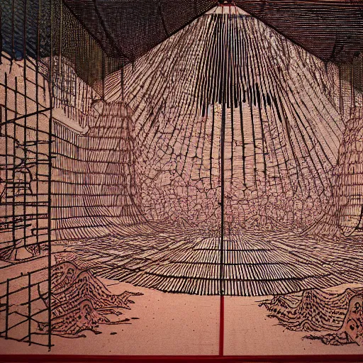 Prompt: Temple of doom by Hokusai and Chiharu Shiota