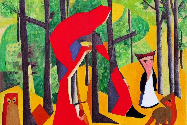 Prompt: little red riding hood walking in the forest, cubism style, painting