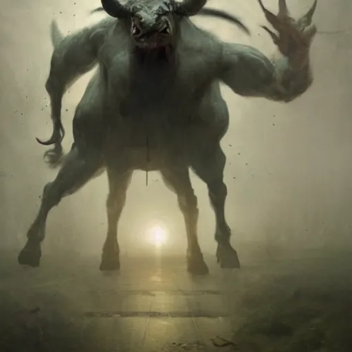 Image similar to a creepy atmospheric painting of a slender humanoid minotaur creature emerging from the mist. painting by greg rutkowski.