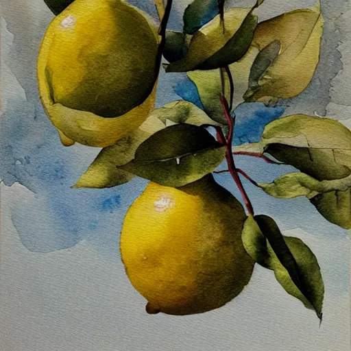 Prompt: lemon tree, trending on artstation, watercolor painting, surrealist painting by Salvador Dalí