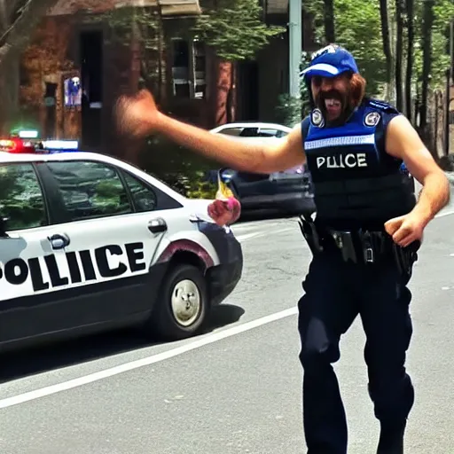 Prompt: police bodycam footage of laughing caveman fleeing, street