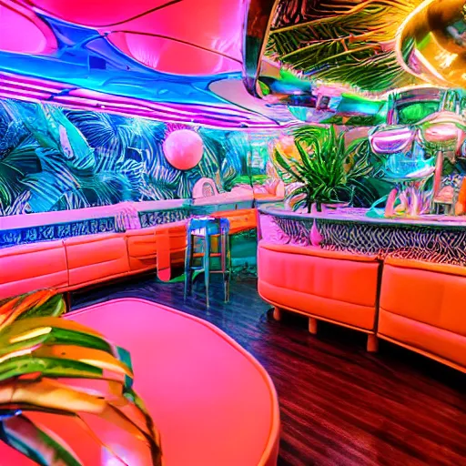 Prompt: architectural digest photo, inside a crowded futuristic neon tiki bar inside a yacht, tropical plants, blue lighting with small pastel orange and pink accent lights, crowd of cool people dancing