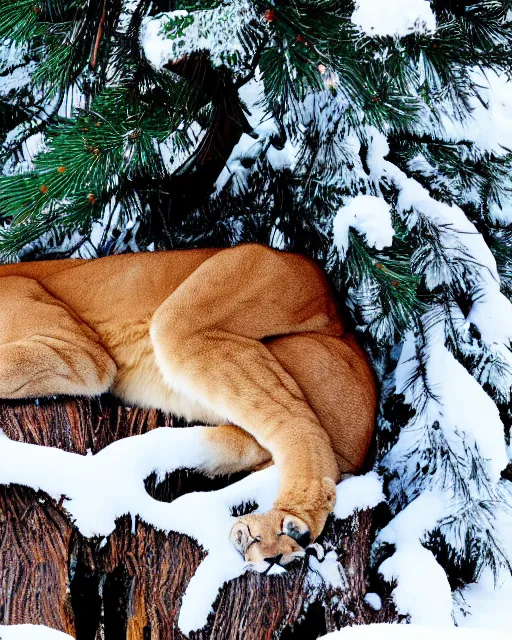 Prompt: magazine page showing 'a cougar sleeping in the middle of snowy pine tree' laying on coffee table, zoomed out shot, HD, iphone screenshot