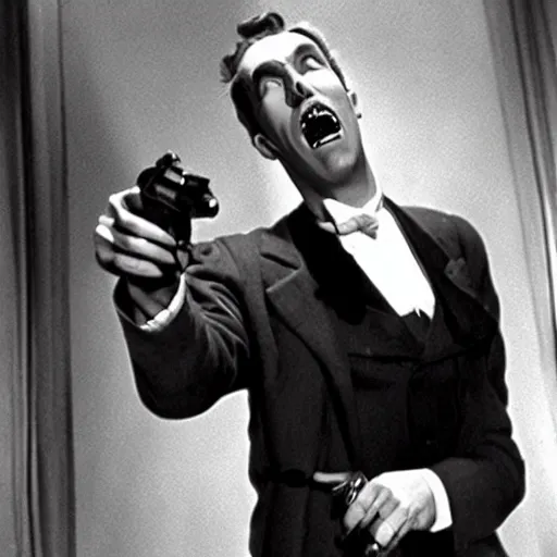 Image similar to scene from the horror picture show with james stewart!!!! james stewart!!!! is acting surprised and holds a revolver