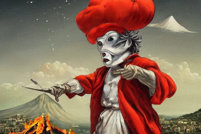 Image similar to a highly detailed pulcinella!!! from naples with pizza!! in the foreground, volcano in the background with smoke, blazing fire and glowing lava, full body, wide angle, an ultrafine detailed painting by rivorio mok, post - apocalyptic vibe, trending on deviantart, whimsical, lowbrow, coherent, sharp focus, octane, masterpiece